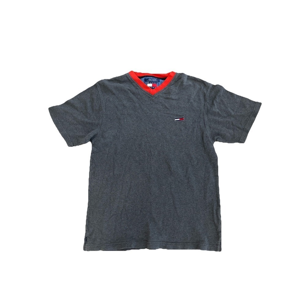 Vintage 90s Tommy Jeans Tee Shirt Grey/Orange Size L‎ 100% Cotton V Neck